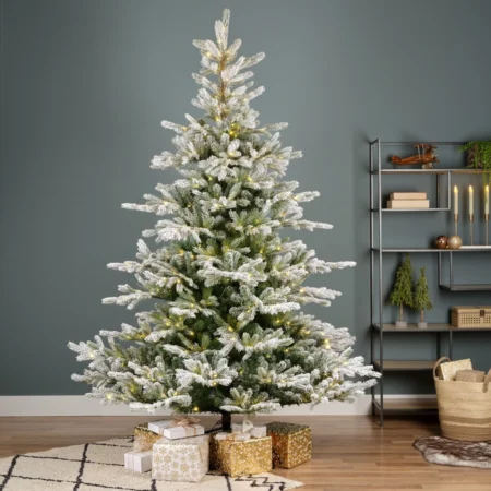 Zasnežený vianočný stromček Grandis s LED a darčekmi